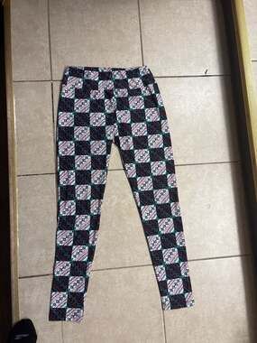 LuLaRoe One Size (OS) Leggings Black and White Geometric Patchwork Pattern